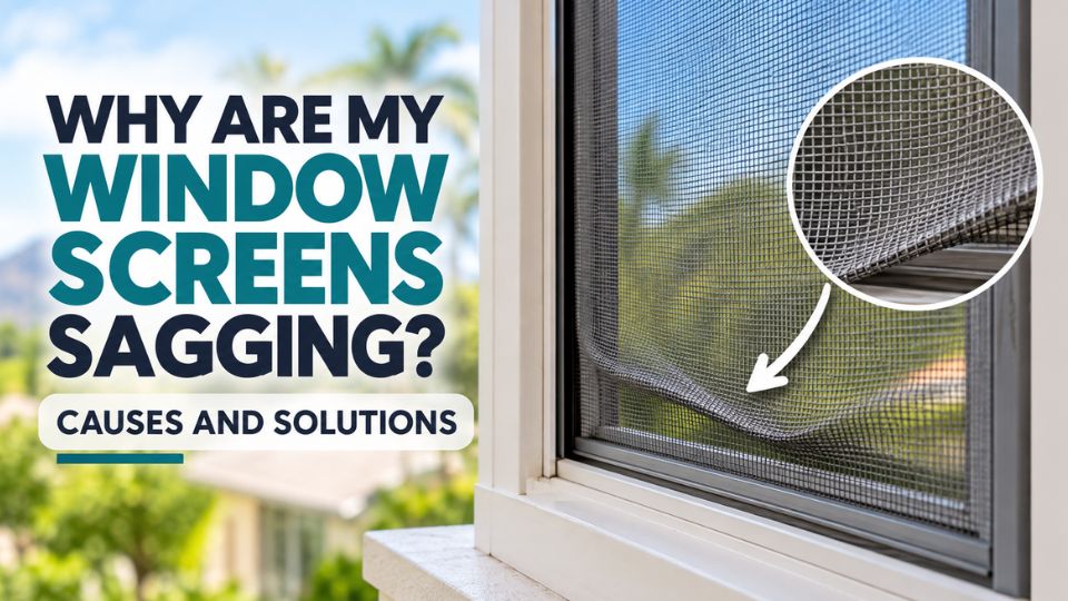 Damaged window screen sagging inside its frame